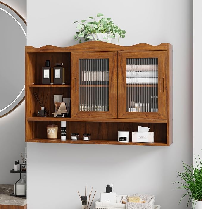 KEIKI 35.4" L Wall Mounted Kitchen Sideboard Cabinet with 2 Sliding Glass Door, 3 Layers Shelves, Retro Storage Buffet Medicine Cabinet for Bathroom, Dining Rooms, Entryway, Solid Wood, Walnut