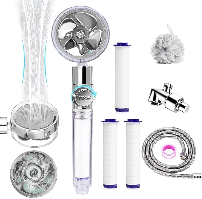 Filtered Shower Head with Handheld High Pressure Handheld Turbo Fan Shower Kit with Replacement Hose/Bracket/Cotton Filters and Bath Loofah, One Key Pause Switch 360 Degrees Rotating Transparent Gray