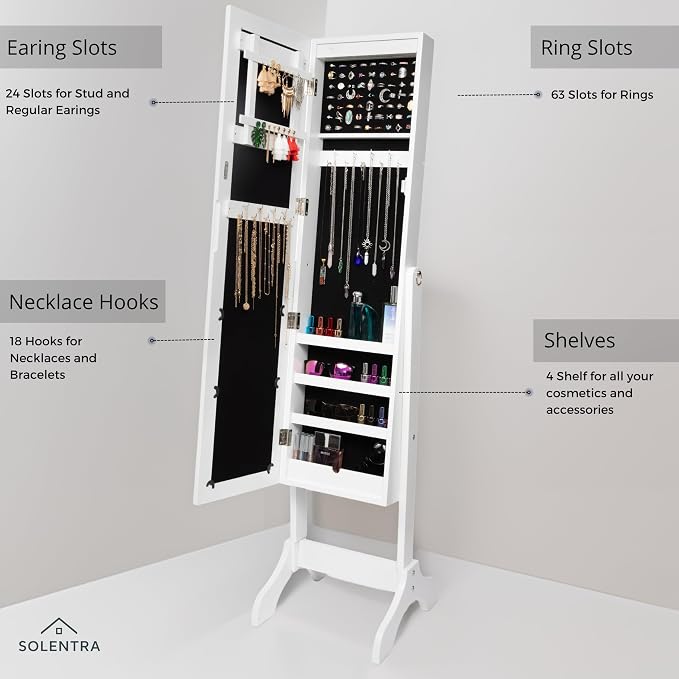 Standing Jewelry Cabinet – Full Length Mirror Jewelry Armoire Organizer with Lock, LED Lights & Multiple Storage Compartments