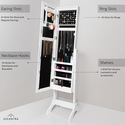 Standing Jewelry Cabinet – Full Length Mirror Jewelry Armoire Organizer with Lock, LED Lights & Multiple Storage Compartments
