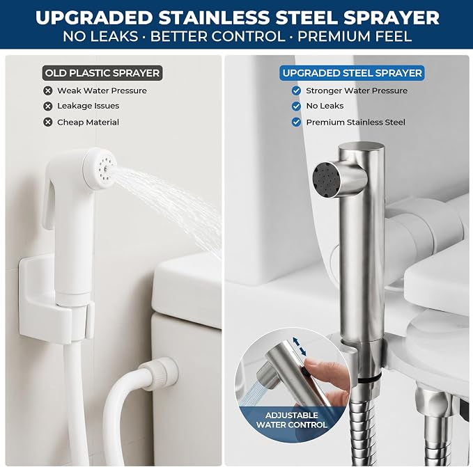DEANIC 2-in-1 Bidet Attachment with Handheld Bath Bidet Sprayer, Ultra-Slim Adjustable Water Pressure Nozzle, Cold Water Non Electric Hand Sprayer for Toilet Seat (Sliver White)