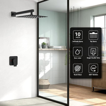 Matte Black Shower Faucet Set, 10 Inch Rain Shower System with Valve | Complete Rain Shower Set with Valve, Single Handle Wall Mount Design