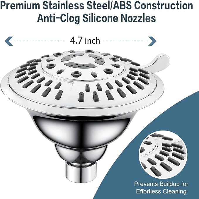 BRIGHT SHOWERS High Pressure 5-Function Rain Shower Head, Luxury Bathroom Showerhead with Chrome Plated Finish, Adjustable Angles, 1-Min Installation