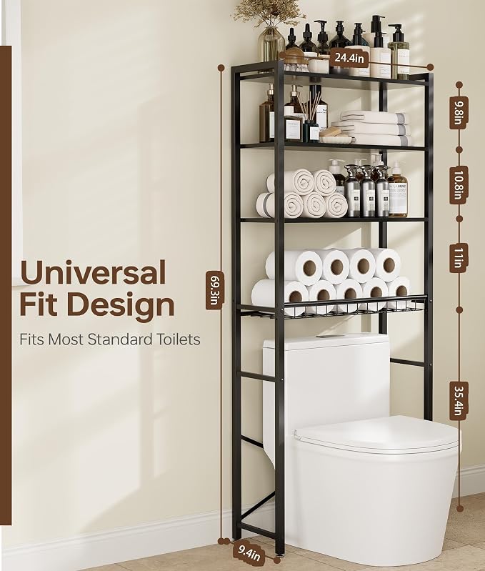 4-Tier Over-the-Toilet Storage Rack with One-Piece Wooden Shelves & Open Net Basket, Bathroom Organizer with Adjustable Feet & Anti-Tip Kit, Space-Saving Toilet Shelf, Black, 24.4" x 9.4" x 69.3"
