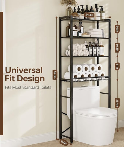4-Tier Over-the-Toilet Storage Rack with One-Piece Wooden Shelves & Open Net Basket, Bathroom Organizer with Adjustable Feet & Anti-Tip Kit, Space-Saving Toilet Shelf, Black, 24.4" x 9.4" x 69.3"