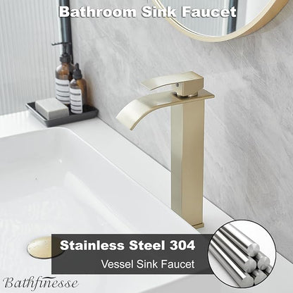 Vessel Sink Faucet Brushed Gold Waterfall Bathroom Faucet with Pop Up Drain | Stainless Steel,Single Handle One Hole Deck Mount,Bowl Vanity Sink Faucet,with 3/8" Supply Hose,Lead-Free by Bathfinesse