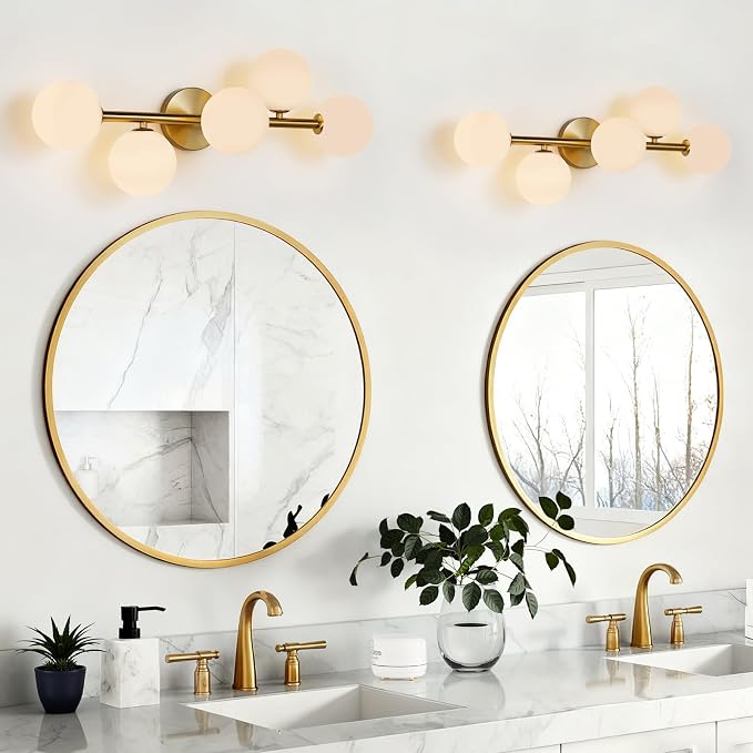 Modern Bathroom Vanity Light Fixtures,LED Brushed Gold Wall Sconce Lighting | 5 Lights Milk Glass Globe Vanity Light,Brushed Gold Bathroom Vanity Light,Dimmable Brass Mid Century Wall Sconces over Mirror