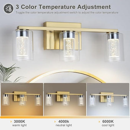 3-Light Bathroom Light Fixtures, Brushed Gold Dimmable Vanity Light with Clear Glass Shade, Crystal LED Bathroom Lights Over Mirror for Bedroom, Living Room, Hallway, Farmhouse