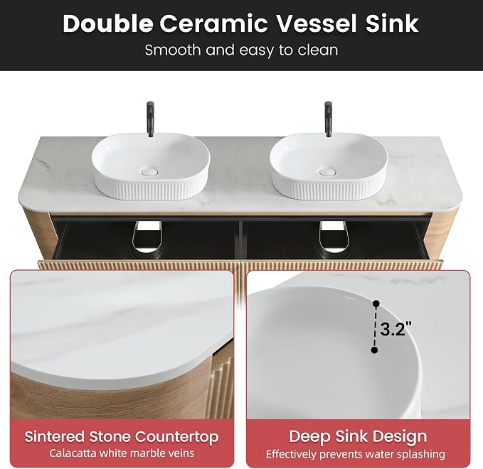 72" Floating Bathroom Vanity with Double White Sink, Honey Oak | Pre-Assembled Fluted Wall Mounted Vanity with Sintered Stone Countertop, Rounded Edges, Soft-Close Drawers & Towel Rack