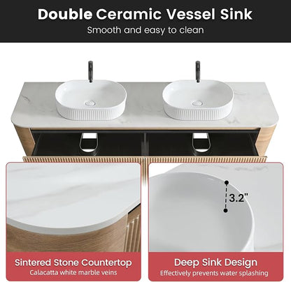72" Floating Bathroom Vanity with Double White Sink, Honey Oak | Pre-Assembled Fluted Wall Mounted Vanity with Sintered Stone Countertop, Rounded Edges, Soft-Close Drawers & Towel Rack