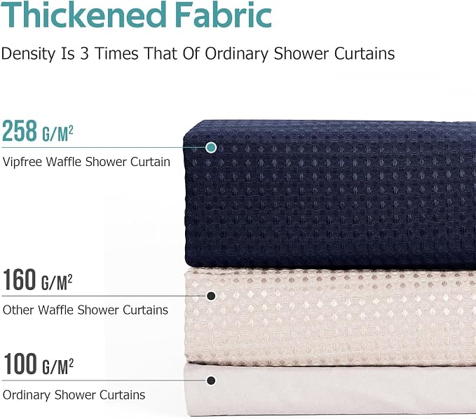 3 in 1 Shower Curtain Set, Waffle Shower Curtain and Liner Set with 12 Double Sided Shower Curtain Hooks, 258GSM Luxury Weighted Cloth Shower Curtains for Bathroom, 72 W x 72 H, Navy Blue