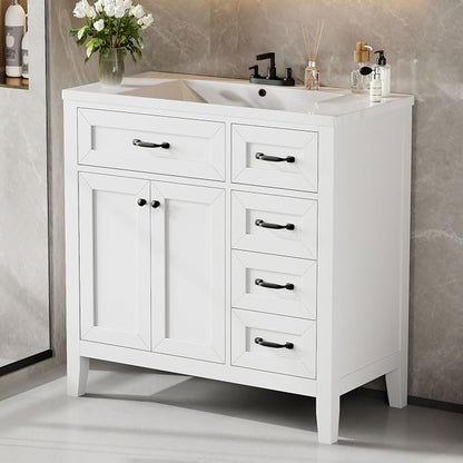 36 Inch Bathroom Vanities with Undermount Ceramic Sink, Storage Cabinet with Soft Closing Doors and Three Drawers, Solid Wood Frame, White