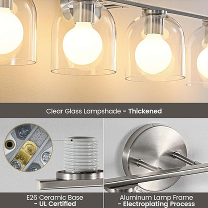 WOSHITU Bathroom Vanity Light Fixtures: 32.3 Inch Modern Brushed Nickel Bathroom Vanity Lights Over Mirror with Clear Glass Shade, 4-Light Bathroom Light Fixture Wall Lights Over Mirror