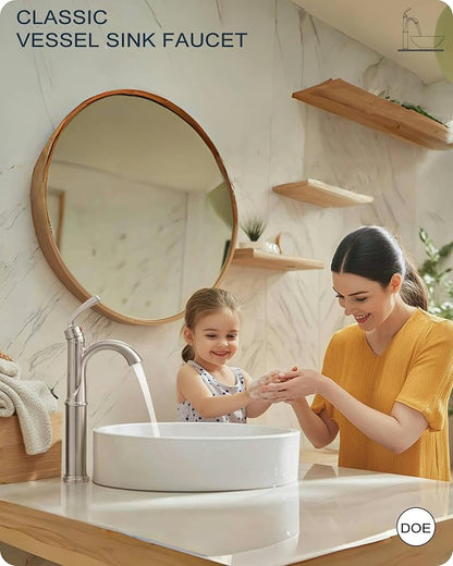 Brass Vessel Faucet Brushed Nickel, 1 Hole Tall Faucet for Bathroom Sink with Single Handle, Pop Up Drain & cUPC Water Hoses, Classic Aerator Style for Vessel Sink, 5 Mins Quick Installation