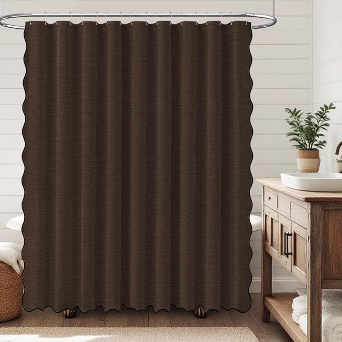 BTTN 108x72 Boho Scalloped Linen Textured Cloth Shower Curtain Set, Brown | Extra Wide Size, 230GSM Waterproof Polyester, Heavy Duty Fabric, 18 Plastic Hooks, Modern Farmhouse Style, Machine Washable