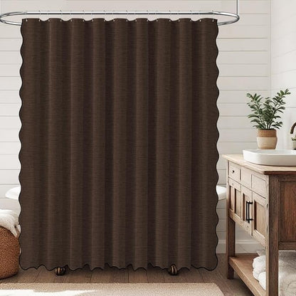 BTTN 108x72 Boho Scalloped Linen Textured Cloth Shower Curtain Set, Brown | Extra Wide Size, 230GSM Waterproof Polyester, Heavy Duty Fabric, 18 Plastic Hooks, Modern Farmhouse Style, Machine Washable