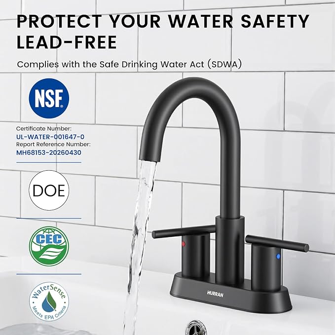 Matte Black Bathroom Faucet, 4 Inch Centerset 2 Handle Sink Faucet | Lead-free stainless steel, Matte black, 2-handle control, 4" 3-hole centerset, Pop-up drain & hoses included, Fits RV vanity