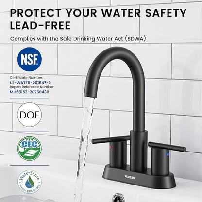 Matte Black Bathroom Faucet, 4 Inch Centerset 2 Handle Sink Faucet | Lead-free stainless steel, Matte black, 2-handle control, 4" 3-hole centerset, Pop-up drain & hoses included, Fits RV vanity