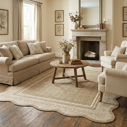 Garvee Washable Rugs for Living Room 8x10 Area Rugs Scalloped Rug Camel | Modern Bordered Non Slip Large Kids Bedroom Carpet Indoor Stain Resistant Floor Cover for Bedroom Dining Room Office Nursery