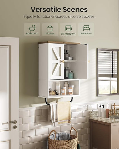 Bathroom Wall Cabinet, Medicine Cabinet with Open Partition and Towel Bar, Rustic Storage Cabinet with Open and Hidden Storage Space, for Bathroom, Living Room, Kitchen, White and Walnut