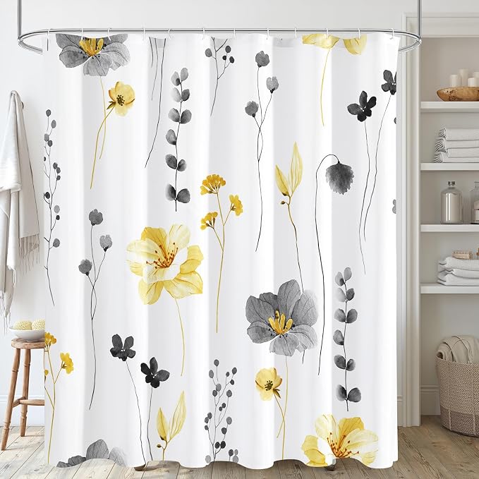 Yellow Beige Watercolor Floral Fabric Shower Curtain, 72x78 | Waterproof Fabric, Modern Minimalist Floral Print, Machine Washable, Rustproof Grommets, for Bathroom Home, Long