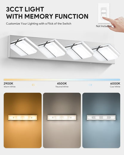 VONLUCE LED Modern Bathroom Vanity Light Fixture, Chrome | 26'', 4-Light, 3CCT, 360° Rotate, High CRI, Flicker-free, Dimmable, Memory Function, Waterproof IP44, Easy Installation