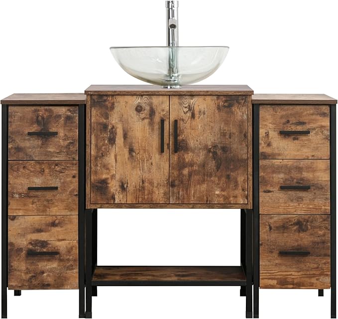 UEV 48" Antique Bathroom Vanity, Dark Brown Bathroom Vanity Set with Sink and 3 Drawers Side Cabinet Combo, Iron Wood Bathroom Cabinet with Adjustable Water Temperature Faucet (A16)