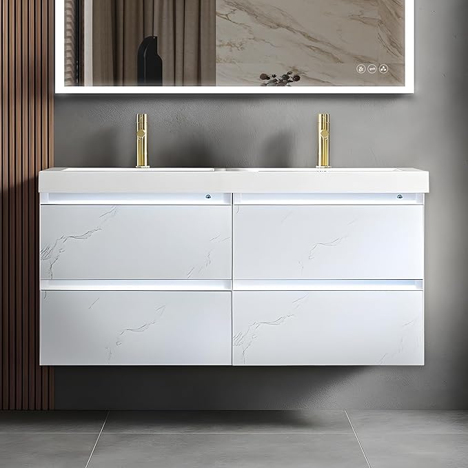 Blossom 48 inch LED Lighted Bathroom Vanity with Acrylic Sink | Wall Mounted Vanity with Dimmable LED Lights | Modern Floating Design for Bathrooms | 48" w/Acrylic Sink, Calacatta White