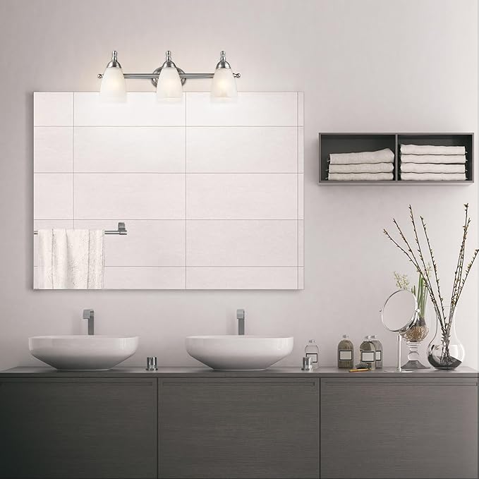 Globe Electric 50783 23" 3-Light Vanity Light, Satin Nickel, Alabaster Glass Shades, Beauty Room Accessories, Bathroom Lights Over Mirror, Makeup Mirror Lights, Wall Light