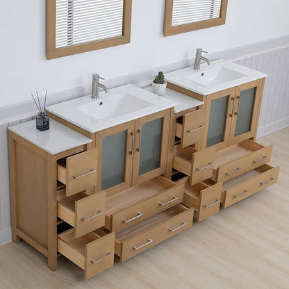 Vanity Art 84 Inch Under Mount Double Sink Bathroom Vanity Cabinet with 2 Mirrors, Ceramic Top Bathroom Cabinet Compact Set with 10 Dovetail Storage Drawers and Brushed Nickel Handles, VA3030-84-NO
