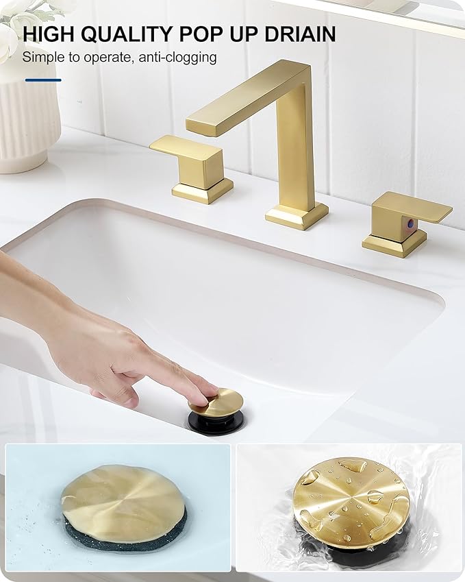 8 Inch Brass Bathroom Faucet 3 Hole, 2 Handle Brushed Gold Faucets for Bathroom Sinks with Pop up Drain, Pre-Installed cUPC Water Hoses & Removable Aerator for Vanity, Modern, No Noise