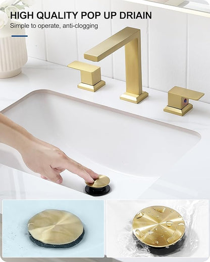 8 Inch Brass Bathroom Faucet 3 Hole, 2 Handle Brushed Gold Faucets for Bathroom Sinks with Pop up Drain, Pre-Installed cUPC Water Hoses & Removable Aerator for Vanity, Modern, No Noise