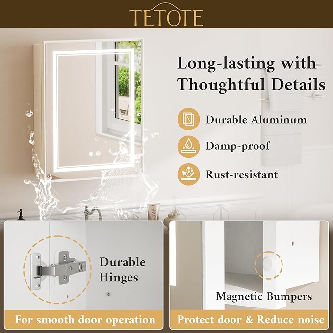 TETOTE White Lighted Medicine Cabinet with Tempered Glass Mirror 16 x 24 White Metal Led Recessed Medicine Cabinet for Bathroom with Lights and Storage, 3 Color Dimming, Anti-Fog, 2 Outlets