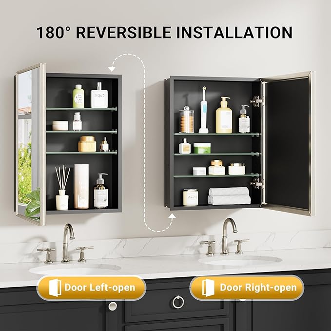 Pre-Assembled Surface or Recessed Medicine Cabinet Mirror-24x30 Brushed Nickel Bathroom Medicine Cabinet with Mirror & Rustproof Aluminum Frame, Beveled Bathroom Vanity Mirror with Storage