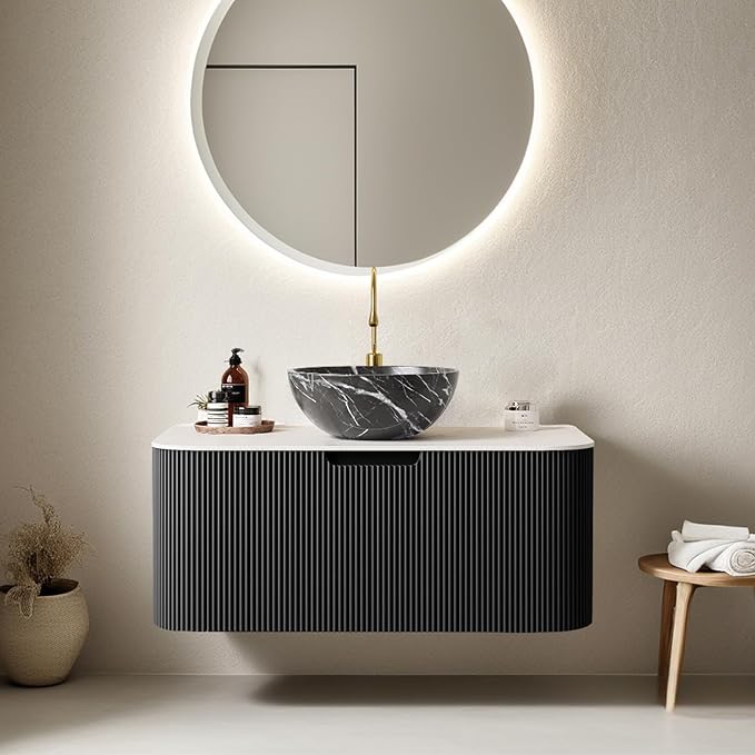 36" Floating Modern Bathroom Vanity with Sink, Natural Solid Wood Bathroom Vanities with Ultra-Thin Marble Ceramic Basin and Top, Soft-Close Design, Pre-Assembled Cabinet, Gloss Black