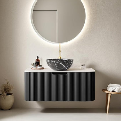 36" Floating Modern Bathroom Vanity with Sink, Natural Solid Wood Bathroom Vanities with Ultra-Thin Marble Ceramic Basin and Top, Soft-Close Design, Pre-Assembled Cabinet, Gloss Black