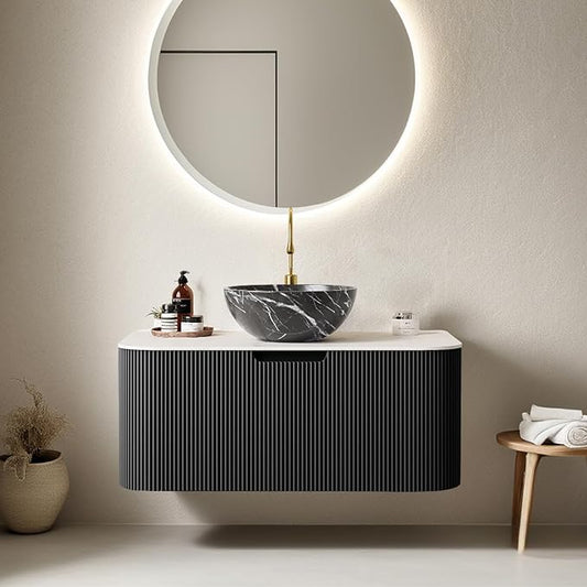 36" Floating Modern Bathroom Vanity with Sink, Natural Solid Wood Bathroom Vanities with Ultra-Thin Marble Ceramic Basin and Top, Soft-Close Design, Pre-Assembled Cabinet, Gloss Black