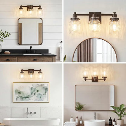 3 Light Bathroom Vanity Light Fixtures Farmhouse Oil Rubbed Bronze | ETL Certificate, Easy to Install,Wall Mount Up or Down,Hammered Glass Lampshade,E26 Socket,Hardwired,120V