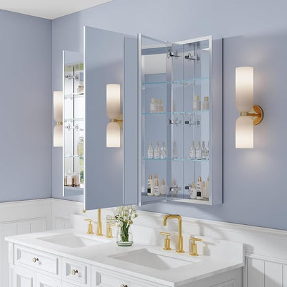 WELLFOR 48" x 36" Bathroom Medicine Cabinet with Mirror, Anodized Chrome Aluminum Frame, Surface Mount or Recessed Medicine Cabinet with Mirror, Bathroom Mirror with Storage, Three Doors