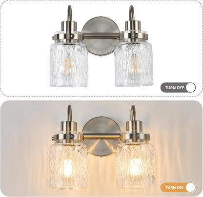 2 Lights Bathroom Vanity Light, Brushed Nickel Bathroom Light Fixtures with Hammered Glass Lampshade for Dressing Table,Over Mirror,Hallway