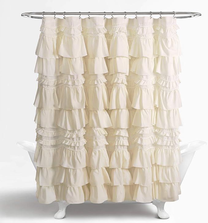 Lush Decor Kemmy Ruffled Shower Curtain, Single, 72" W x 72" L, Ivory - Bathroom Curtain - Fabric Shower Curtains for Bathroom - Coquette Decor