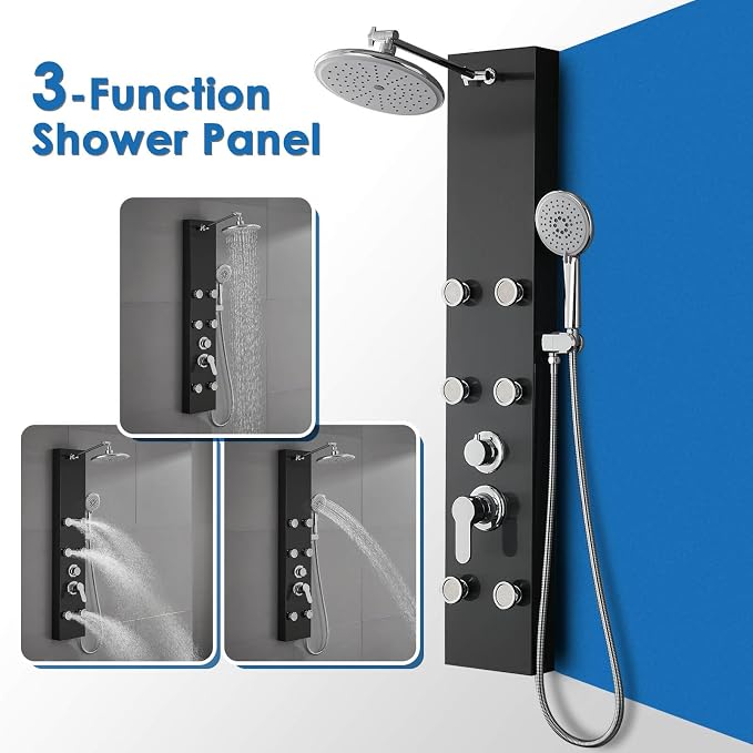 ROVOGO Shower Panel Tower System With Height Adjustable Shower Head, Black | Self-Cleaning Rain Shower and Handheld, 6 Body Jets, Brass Shower Arm and Valves, Stainless Steel Shower Column 43.3 inch