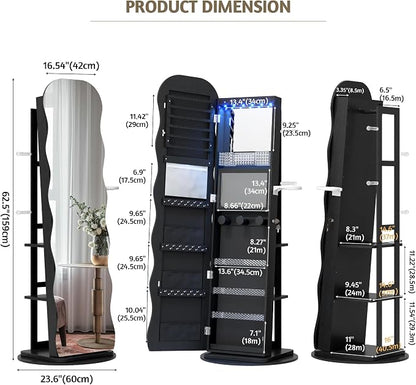 Vlsrka 360° Swivel Jewelry Armoire with Full Length Wave Mirror, Black | Lockable Mirror Jewelry Cabinet Standing, Interior LED Makeup Mirror, Foldable Shelf, Large Capacity, Gift for Women, Girls