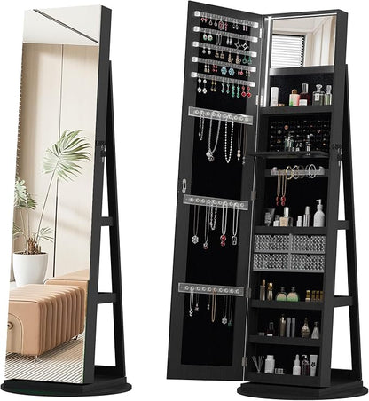 Lockable Mirror Jewelry Cabinet Standing, Full Length Mirror with Storage, 360° Swivel Jewelry Organizer Armoire, Black