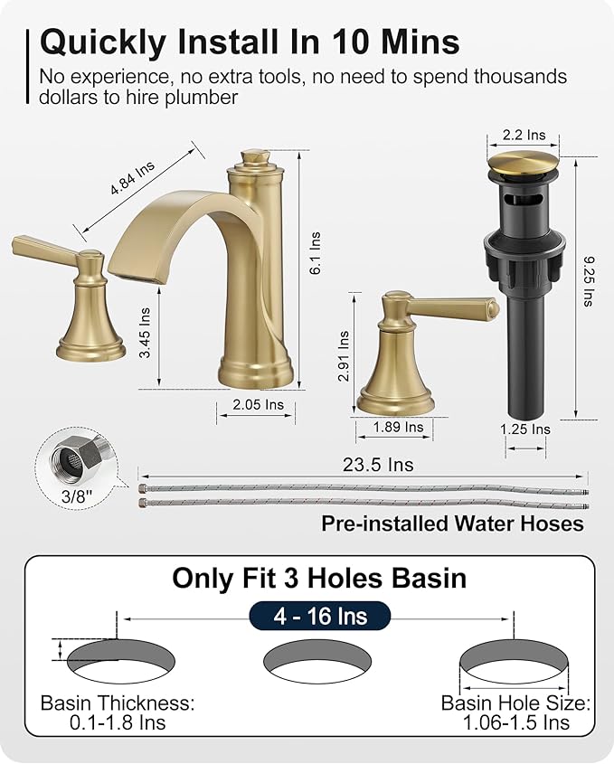 Brass Bathroom Waterfall Faucet, 4-16 Inch Brushed Gold Bathroom Faucet Widespread Bathroom Sink Faucet, 2 Handles Bathroom Faucets for Sink 3 Hole with Pop Up Drain, Water Hoses