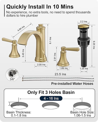 Brass Bathroom Waterfall Faucet, 4-16 Inch Brushed Gold Bathroom Faucet Widespread Bathroom Sink Faucet, 2 Handles Bathroom Faucets for Sink 3 Hole with Pop Up Drain, Water Hoses