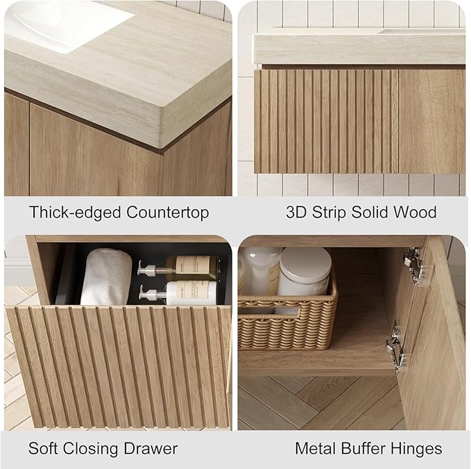 Ambrovina 48 inch Bathroom Vanity with Sink, Wall Mounted Bathroom Vanities with Drawer and 2 Doors, Roma Travertine-Pattern Countertop and Ceramic Basin, Pre-Assembled, Light Wooden Color