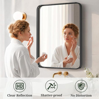Bathroom Mirror 36x24 Inch Black Metal Frame Rectangle Vanity Mirror | Modern Wall Mounted Anti-Rust Mirror with Rounded Corners for Farmhouse, Restroom, Entryway, Horizontal or Vertical Hanging