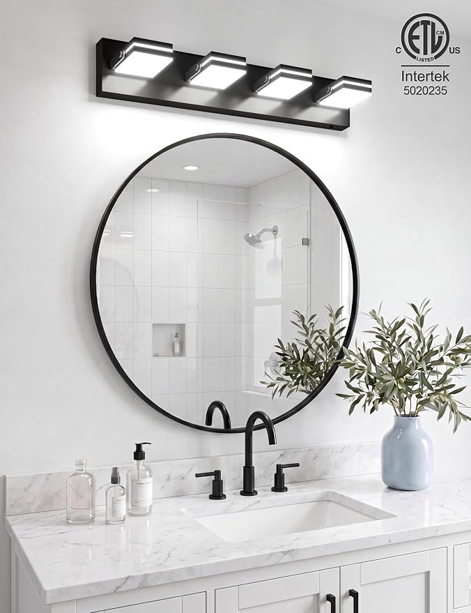 VOLISUN 4 Light Bathroom Vanity Light, 27.16 inch Dimmable Bathroom Light Fixtures Over Mirror, 5 Color Temperatures, 180°Rotatable Head, Black LED Vanity Lights for Bathrooms-ETL Certificated
