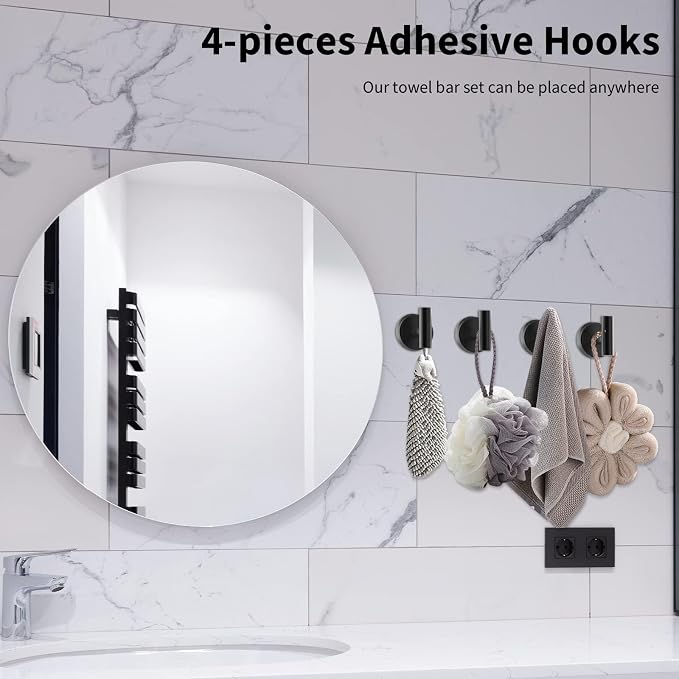 Newfun 10-Pieces Matte Black Bathroom Hardware Set 24 Inch | Includes 24 Inch Towel Racks for Bathroom Wall Mounted, Toilet Paper Holder, Towel Hooks, Towel Rings for Bathroom Wall